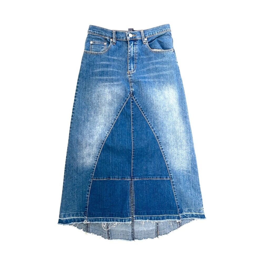 Y2K Baccini Euro Denim Midi Maxi Skirt Sz 8 M Patchwork Raw Hem Boho Western 70s